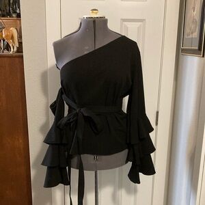 VENUS Black Blouse with Elegant Ruffle Sleeves
